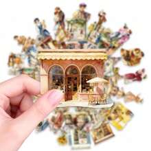 50张水彩咖啡馆贴纸 - 防水PET材质，复古欧洲街道和商店设计，适用于笔记本电脑、水瓶、行李箱和剪贴簿，非常适合旅行和艺术爱好者，为个人物品增添浪漫、怀旧的气息，并打造优雅的DIY装饰，用于日常使用和创意项目。 - 1 Set - 查看 3