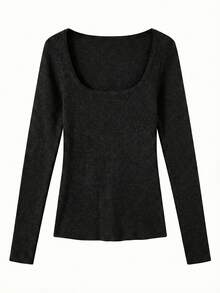 Korean Style Sexy Slim Fit Square Neck Long Sleeve Knit Sweater Top, Autumn/Winter - Black - View 7