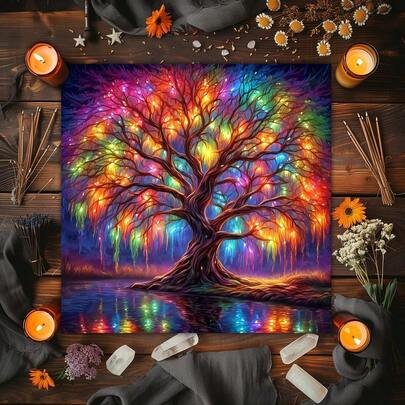 1PC Party Games & Activities Mystic Tree Of Life And Crystal Designs Tarots Tablecloth Flowers And Moon Phase Altar Cloth Board Game Fortune Vintage Astrology Oracle Card Pad Game Home Decor - Witchy Cloth Suitable For Tarot Readings, Moon Phase Ceremonies