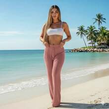 Women's Beach Cover-Up Pants With Cutouts, Summer Fashion, Ideal For Layering Over A Bikini, Swimsuit, Beach, Pool, Risorte - Hoa hồng sẫm - Xem 3