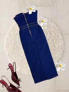 Maxi Denim Tube Dress - Dark Wash - View 4