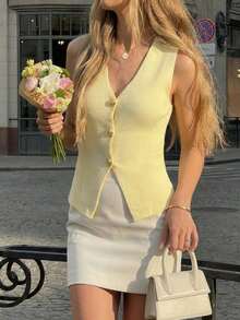 Women's Soft Cream Yellow Faux Metal Button V-Neck Sleeveless Cardigan Top - Light Yellow - View 3