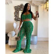 Dopamine Stunning Fashion Slimming Street Party Daily Commuting Sexy Perspective Knitted Hand Hook Fringe Beach Set - Green - View 3