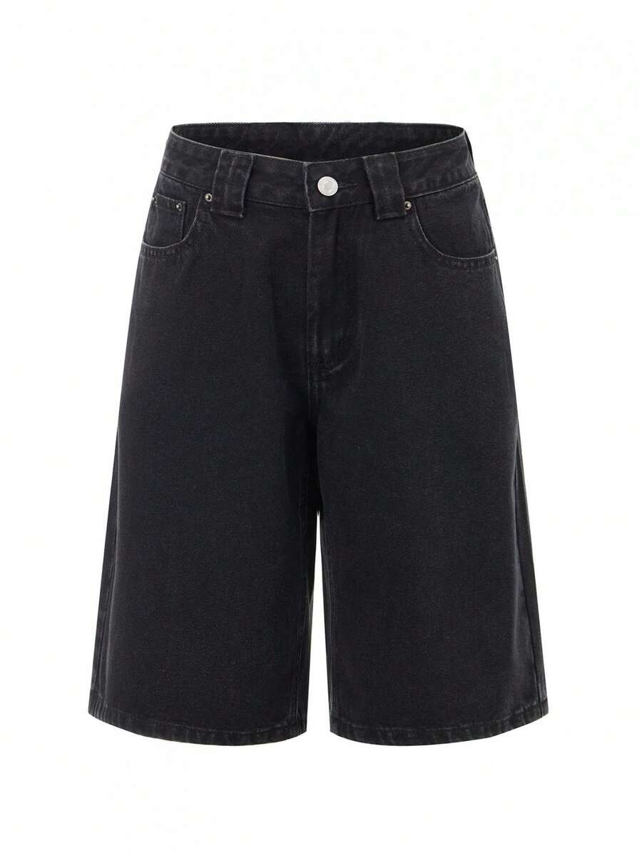 Women's Knee Length Denim Shorts Loose Solid Color Low Rise Wide Leg Long Shorts With Pockets For Summer - Navy Blue - View 1