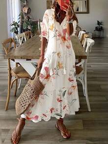 Robe d'été élégante blanche imprimée, style décontracté de vacances pour femmes - Blanc - Voir 1