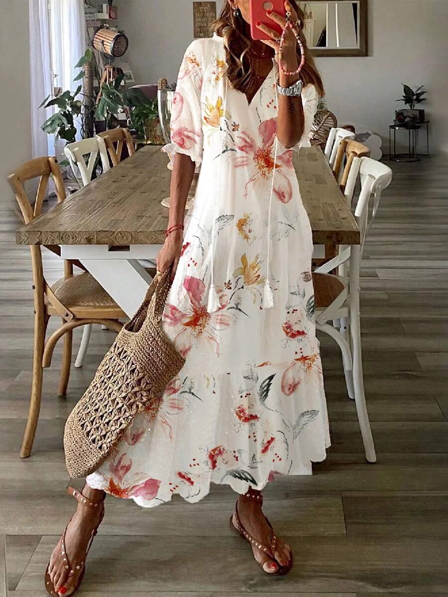 Robe d'été élégante blanche imprimée, style décontracté de vacances pour femmes - Blanc - Voir 1