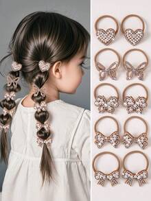 10pcs/Pack Teen Girls' Mini Shiny Rhinestone Pearl Heart/Bowknot Elastic Hair Ties, Simple & Cute, Suitable For Daily Use - Multicolor - View 1