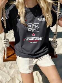 Teenage Girls' Racing Style Print Short Sleeve T-Shirt, Soft Round Neck Tee, Versatile Summer New Arrival Top - Dark Grey - View 8