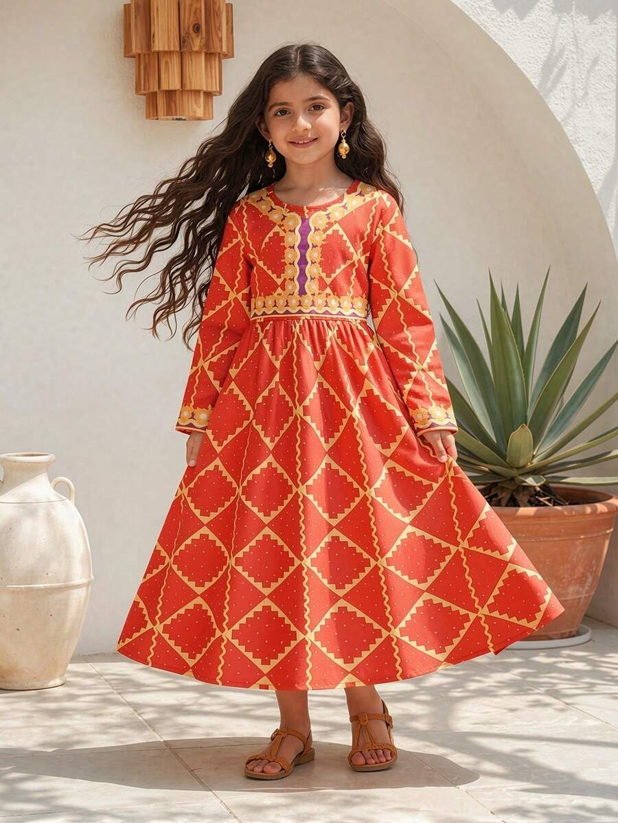 Kleine Mädchen Lässig Süßes Farbblock Rundhals Langarm Kleid, Frühling/Sommer - Verschiedenfarbig - Übersicht 1