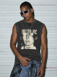 Modcrash 男士无袖简约休闲水洗复古圆领背心，春夏款 - 黑色 - 查看 1