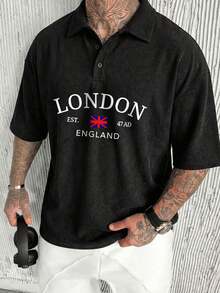 Men's Summer Letter & Union Jack Print Short Sleeve Polo Shirt - Black - View 1