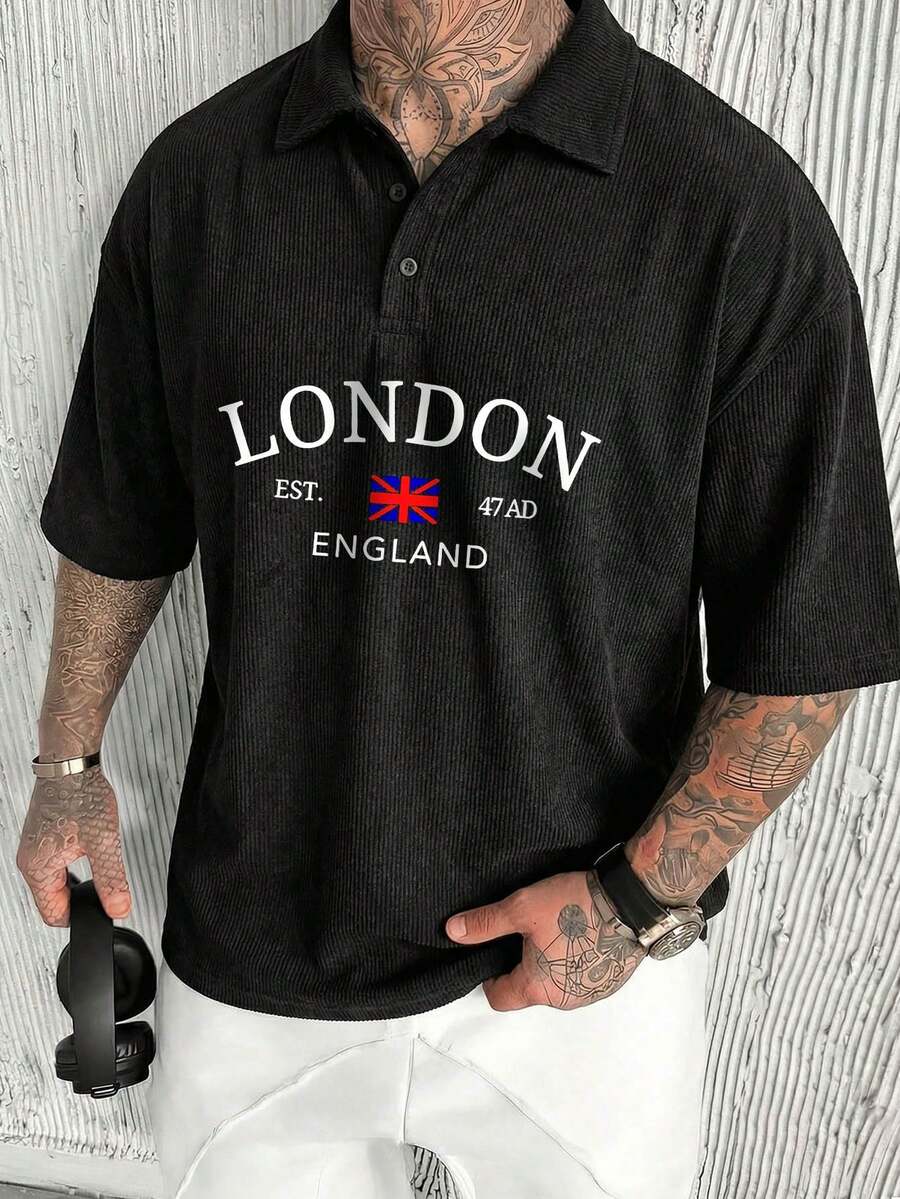 Men's Summer Letter & Union Jack Print Short Sleeve Polo Shirt - Black - View 1