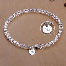 优雅单件吊坠，925镀银，4毫米，8英寸精细方形盒链手链，女士时尚魅力饰品，奢华婚礼生日派对配饰 - 銀色 - 查看 1