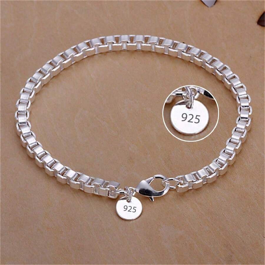 优雅单件吊坠，925镀银，4毫米，8英寸精细方形盒链手链，女士时尚魅力饰品，奢华婚礼生日派对配饰 - 銀色 - 查看 1