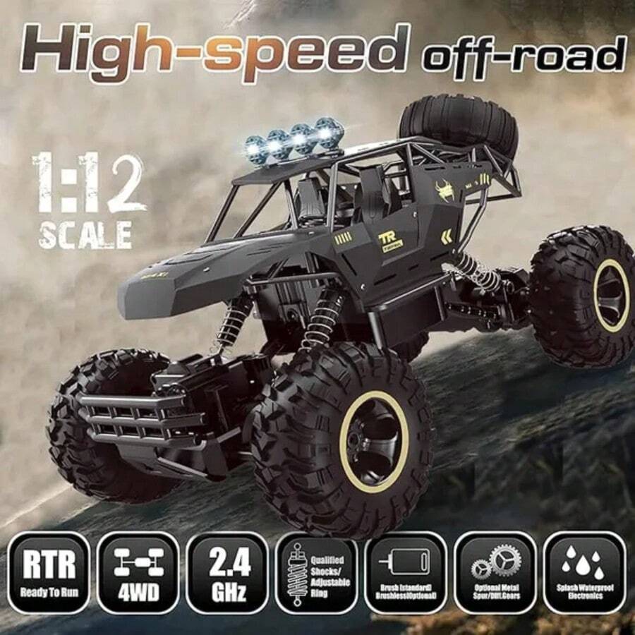 2025 RC 37cm 1:12 4WD Large Remote Control Cars Rock Crawler Monster Truck With 2 Battery ,Kids Toys Gifts - Black - View 1