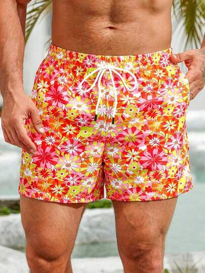 男士抽绳印花口袋沙滩短裤 - 夏季休闲、户外、居家、沙滩、运动短裤