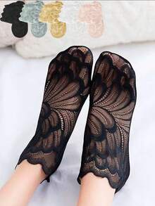 1/5/10双蕾丝隐形羽毛款超薄透气精致扇贝边短袜 - 彩色 - 查看 1