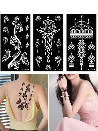 3pcs Floral Pattern Temporary Tattoo Template Set - Sexy Floral Designs, Suitable For Hand Painting, Ink Tattoos, Reusable Herbal Tattoo Stencils, Great For Women Body Party Makeup
