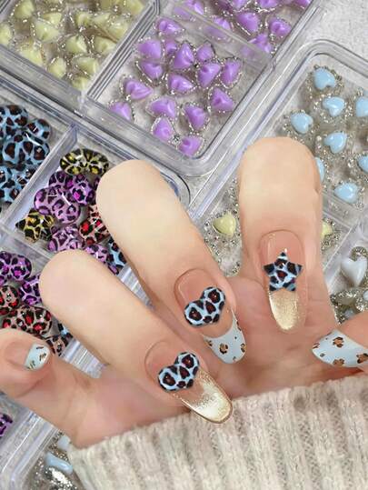 12Grid Pink Blue Leopard Print Heart-Shaped Nail Decoration Colorful Five-Pointed Stars Nail Charms Leopard Heart Nail Supplies