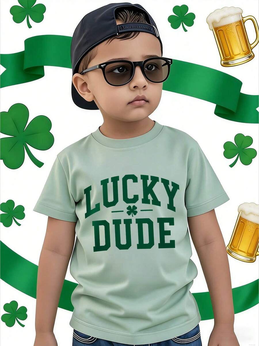 Áo thun ngắn tay cho bé trai, in chữ khẩu hiệu và hình cỏ bốn lá, thích hợp mặc mùa hè. - Màu xanh Bạc hà - Xem 1