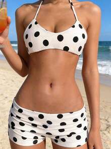 Women 2 Piece Bikini Shorts Set Y2k Halter String Triangle Bikini Top With Low Rise Swim Boyshorts Beachwear - 白色 - 查看 3