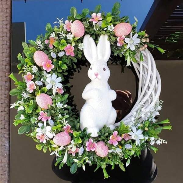 2D Acrylic Luxury Elegant Rabbit Shaped Wreath, Story Theme Round Wreath With Cute Rabbit Pendant, Spring Door Hanging Decor Suitable For Easter, New Year And Spring, Lightweight Front Door Decor For Office, Cafe, Bedroom, No Electricity Required