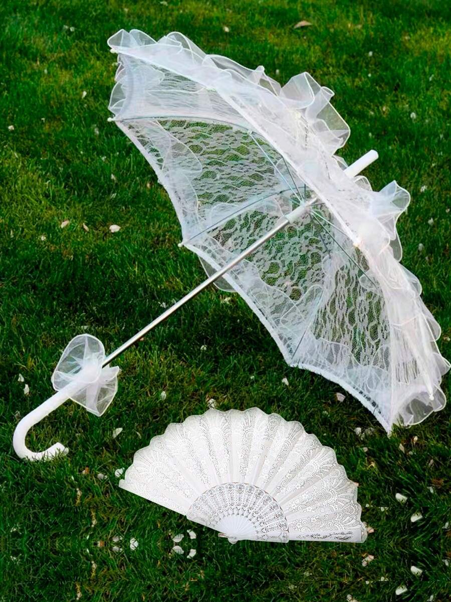 1pc Black Lace Parasol, European Romantic Princess Umbrella, Suitable For Wedding, Holiday Party, Dance Props - Elegant Black Wedding & Halloween Costume Accessory With Intricate Floral Pattern, Photo Shoot, Wedding Accessory - White - View 1