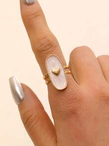 1 pieza Anillo abierto minimalista y elegante con incrustaciones de cristal de forma geométrica elíptica, luna, estrella, corazón y cruz, adecuado para uso diario, vacaciones y festivales de mujeres - Amarillo Oro - Ver 2
