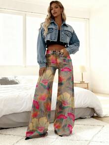 3D Floral Pattern With Pink Yellow And Green Accents Women's Imitation Jeans Autumn And Winter Cowboy Attire High-Elastic Slim Fit Embroidery Design Formal Women's Wear - 彩色 - 查看 4