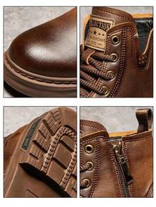 Un par de Liso Vintage Cuero PU Detalle de Cordones y Suela Gruesa Antideslizante Botas de Hombre Para Trabajo y Aventuras Otoño e Invierno Tallas 38-44 Resistente y Cómodo - Marrón - Ver 4