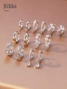Hihho 14pcs Silver Zirconia Multi-Style Hoop Earrings Set, Minimalist Plain Hoops / Flower / Heart / Water Drop Pendant Earrings, Luxurious Layered Accessories For Daily Wear, Versatile Designs To Create A Sophisticated Look - Stacking Earrings - View 3