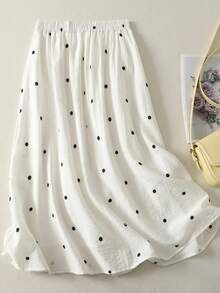 女士复古波点松紧腰褶裥半身裙，显瘦，大码，仿亚麻面料，A字裙摆，有衬里，白色，春季款 - 白色 - 查看 2