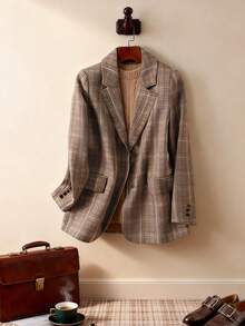 Chaqueta de blazer de lana a cuadros vintage para mujer, con solapa de abotonadura sencilla y manga larga para la oficina y el transporte - Granate - Ver 5