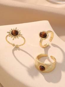 Bộ 3 chiếc nhẫn hình bầu dục màu hổ phách cổ điển, thiết kế độc đáo, bất đối xứng, họa tiết ngẫu nhiên, phụ kiện nhẫn hở cao cấp, bộ quà tặng trang sức. - 4152 - Xem 3