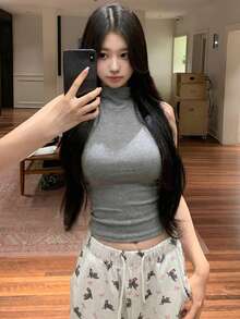 American Sexy Lady Grey Sleeveless Mock Neck Tight Fit Tank Top, Stretchy & Slimming, Summer - Grey - View 2