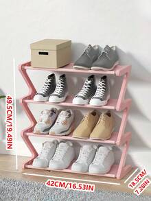 This 4-Tier Large Z-Shaped Shoe Rack Can Be Easily Assembled Without Tools. Made Of Pink Plastic Material, It Is A Stackable Storage Rack Suitable For Home, Dorm, And Living Room. Its Space-Saving Freestanding Design Makes It An Ideal Choice For Shoe Storage. - Multicolor - View 3