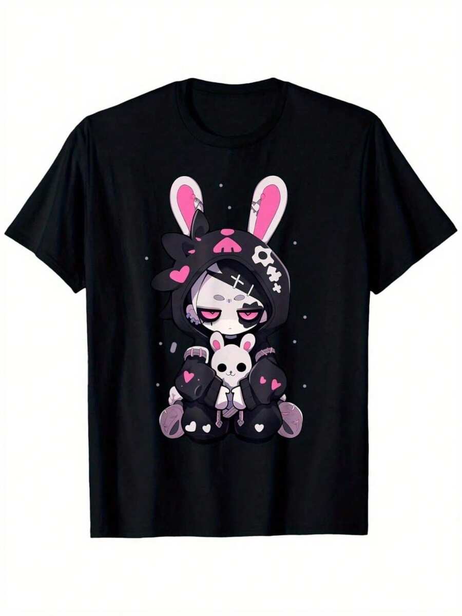 Gothic Bunny Girl Anime Kawaii T-Shirt - Soft Cotton Oversized Black Tee With Plush Bunny Ears & Pink Hearts, Cute Dark Aesthetic Character Print - Casual Wear, Halloween Costume For & Suitable For - We - 黑色 - 查看 1