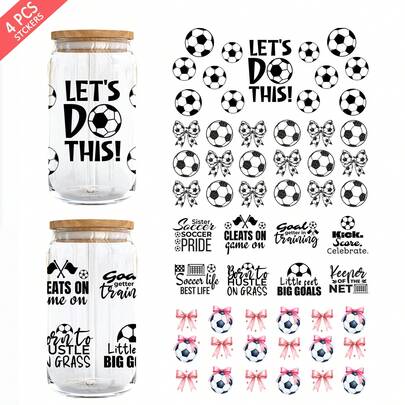 Set de 4 pegatinas con temática de la Copa del Mundo y el fútbol, pegatinas UV DTF resistentes al agua y a los arañazos, adecuadas para vasos de vidrio, tumblers, tazas, manualidades y otras superficies lisas, ¡excelentes para decorar tazas DIY y como regalos decorativos!
