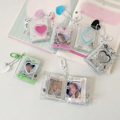 1pc Cute Girl 2-Inch Clear Photo Album, Heart-Shaped Keychain Pendant, ID Card Holder, Student Photo Sticker Album