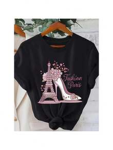 Soft Women's Casual Crew Neck Short Sleeve Graphic T-Shirt | Vibrant Eiffel Tower Alphabet Pattern, Relaxed Fit, Regular Length, Knit Fabric, 180g | For Spring/Summer, Travel, Vacations, Outdoor Activities Cotton Top - Black - View 1