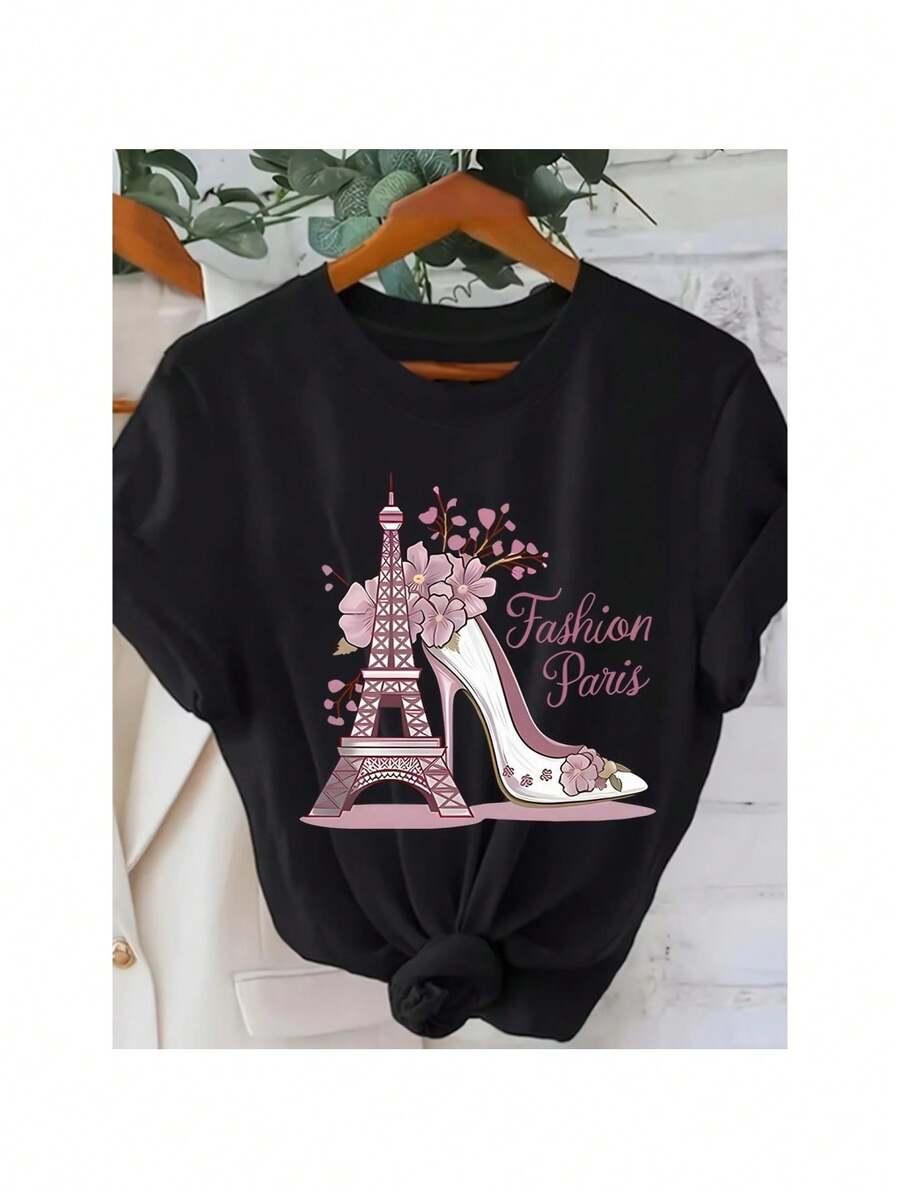 Soft Women's Casual Crew Neck Short Sleeve Graphic T-Shirt | Vibrant Eiffel Tower Alphabet Pattern, Relaxed Fit, Regular Length, Knit Fabric, 180g | For Spring/Summer, Travel, Vacations, Outdoor Activities Cotton Top - Black - View 1