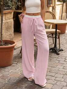 Summer Pink Woven Wide Leg Pants For Women, New Loose Waisted Slimming Straight Casual Long Trousers - Baby Pink - View 4
