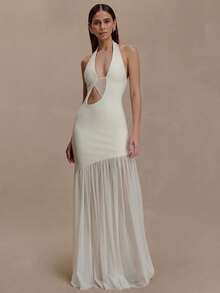 2026 New Fashion Temperament Hot-Selling Neck Women's Long Dress Sexy Hollow Pleated Backless Hip-Wrapped Dress - 白色 - 查看 1