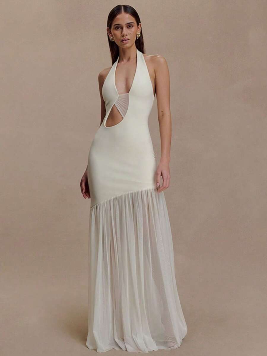 2026 New Fashion Temperament Hot-Selling Neck Women's Long Dress Sexy Hollow Pleated Backless Hip-Wrapped Dress - 白色 - 查看 1
