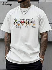 [Disney Official Genuine Authorization] Mickey Mouse And Friends Adult Signature T-Shirts Donald Duck Proto And Goofy Pattern, Short-Sleeved Round Neck Casual Summer Shirt, Machine Washable, Cartoon Design, Comfortable. - 白色 - 查看 1