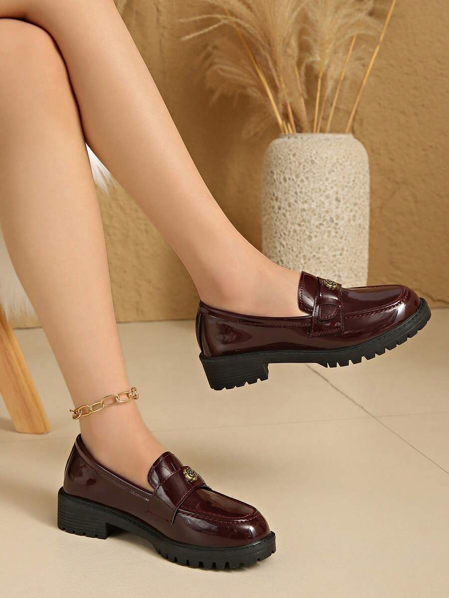 强烈推荐！超级舒适！学院风厚底蝴蝶结乐福鞋，英伦小皮鞋，JK女鞋 - 酒紅色 - 查看 1