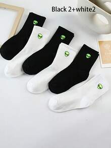 1/3/4/6 双装卡通外星人印花袜子，男女通用休闲中筒运动袜，百搭黑色长袜，春秋季 - 彩色 - 查看 5