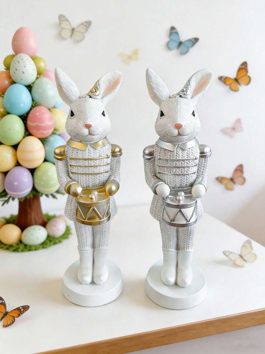 1pc Vintage Rabbit Nutcracker Decor, Realistic & Cute Rabbit Shaped Nutcracker With Gold & Silver Accents, Ideal For Easter And Christmas Home Decor, Perfect Holiday Celebration Gift - Multicolor - View 1