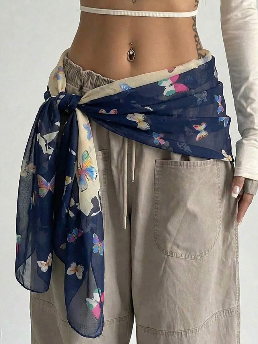 1pc Women's Spring Fashion Butterfly Print Scarf, Stylish & Minimalist, Casual Versatile Headscarf, Suitable For Daily Wear - Navy - View 1