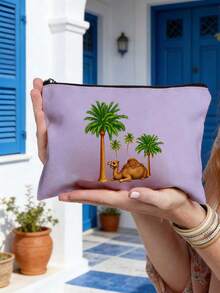 骆驼棕榈树图案拉链收纳包 - 斋月主题，大容量女士旅行化妆包，可折叠便携收纳包，中东/阿拉伯沙漠景观化妆品收纳包，轻便旅行化妆包，化妆包，手提包，洗漱包，铅笔盒，收纳袋，化妆包，旅行必备 - 彩色 - 查看 5